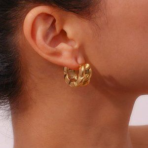 NEW CHUNKY HOOP 18K GOLD CUBAN CHAIN EARRINGS